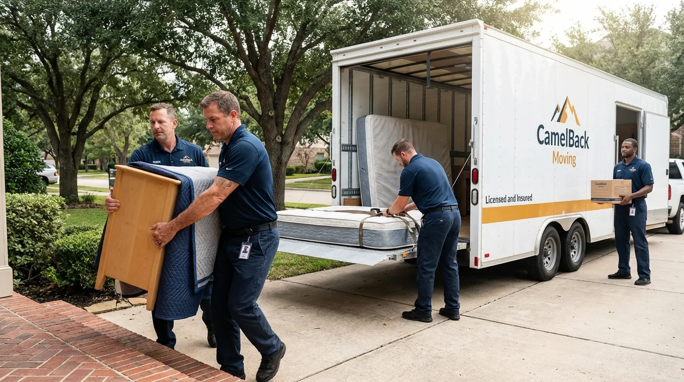 Crew loading residential truck for cross-state move from Euless, TX