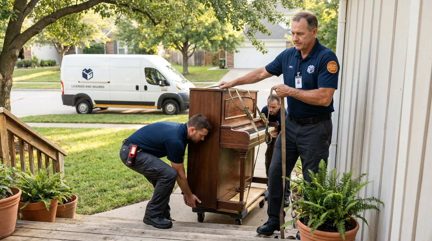 Licensed piano movers securing grand piano in Euless, TX
