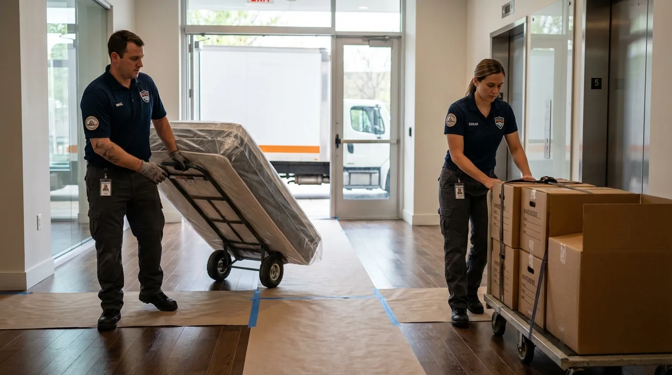 Professional apartment movers loading elevator in Euless, TX